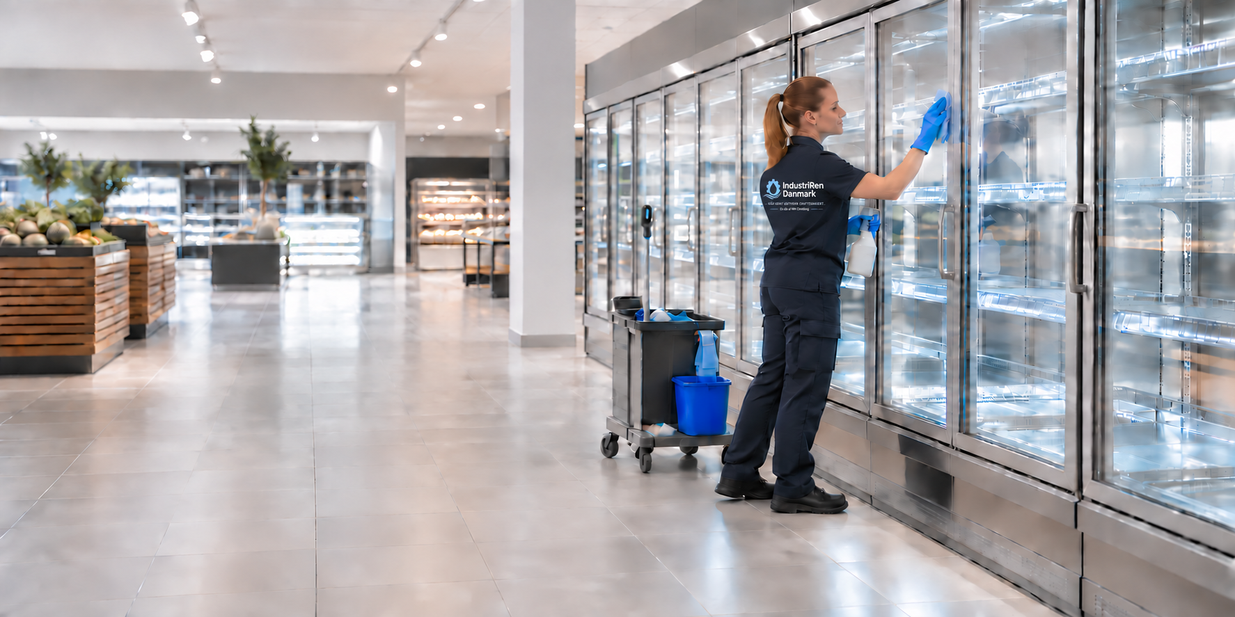 Medarbejder rengør kølere i en butik