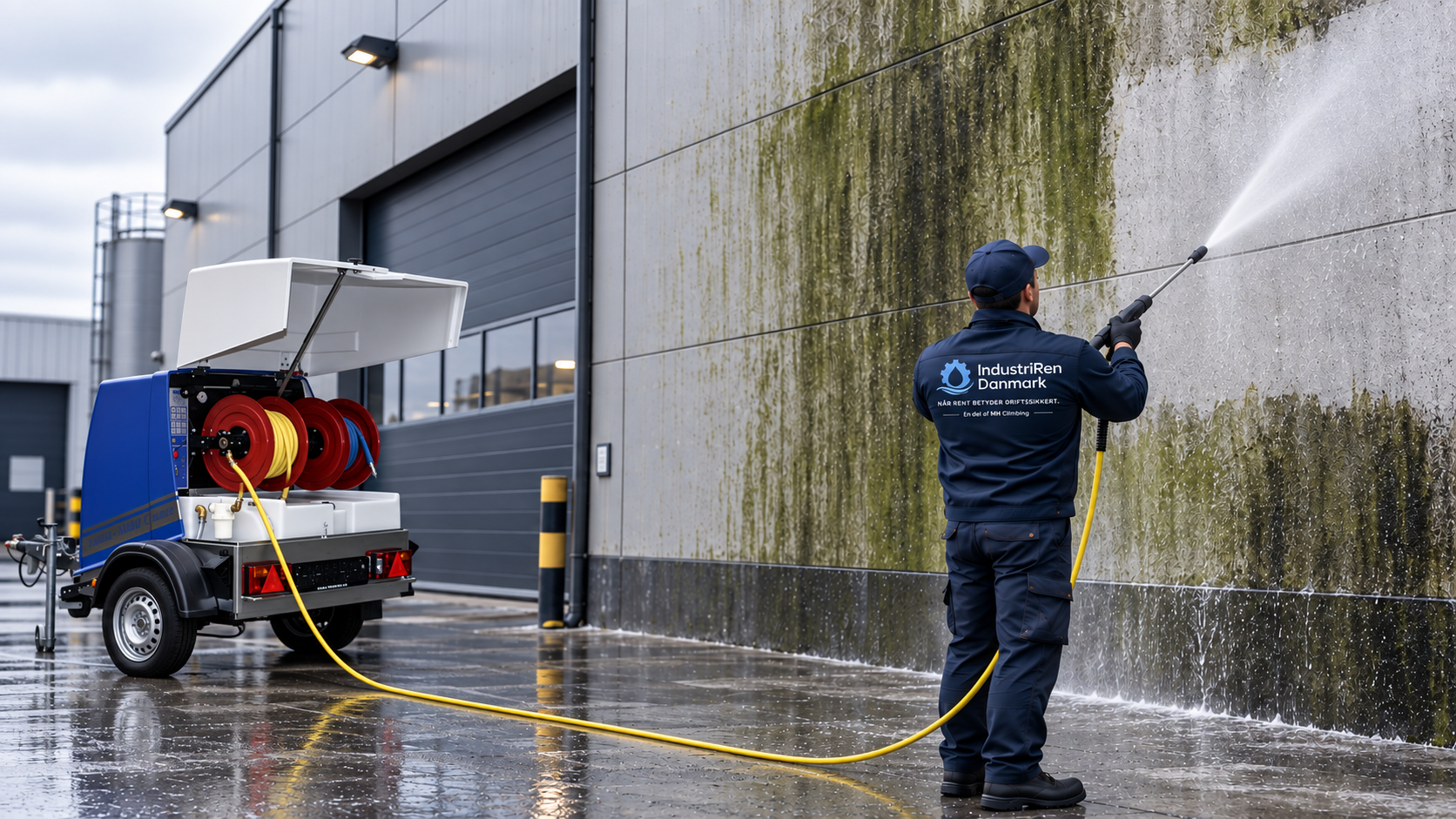 Facaderens ved en industribygning med udstyr i trailer